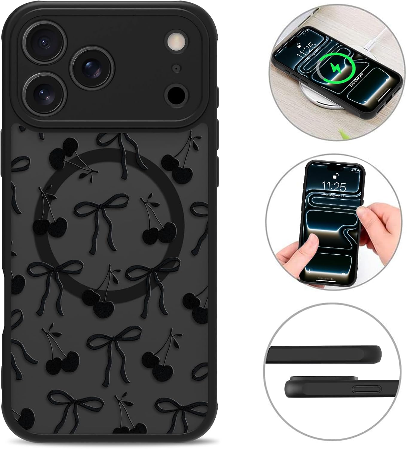 MZELQ Magnetic Case for iPhone 17 Pro Max 6.9 Inch, Clear Bow Cherry [Compatible with Magsafe Charging] Translucent Matte Hard Shockproof Camera Protection Cover for Women Men, Frosted Black