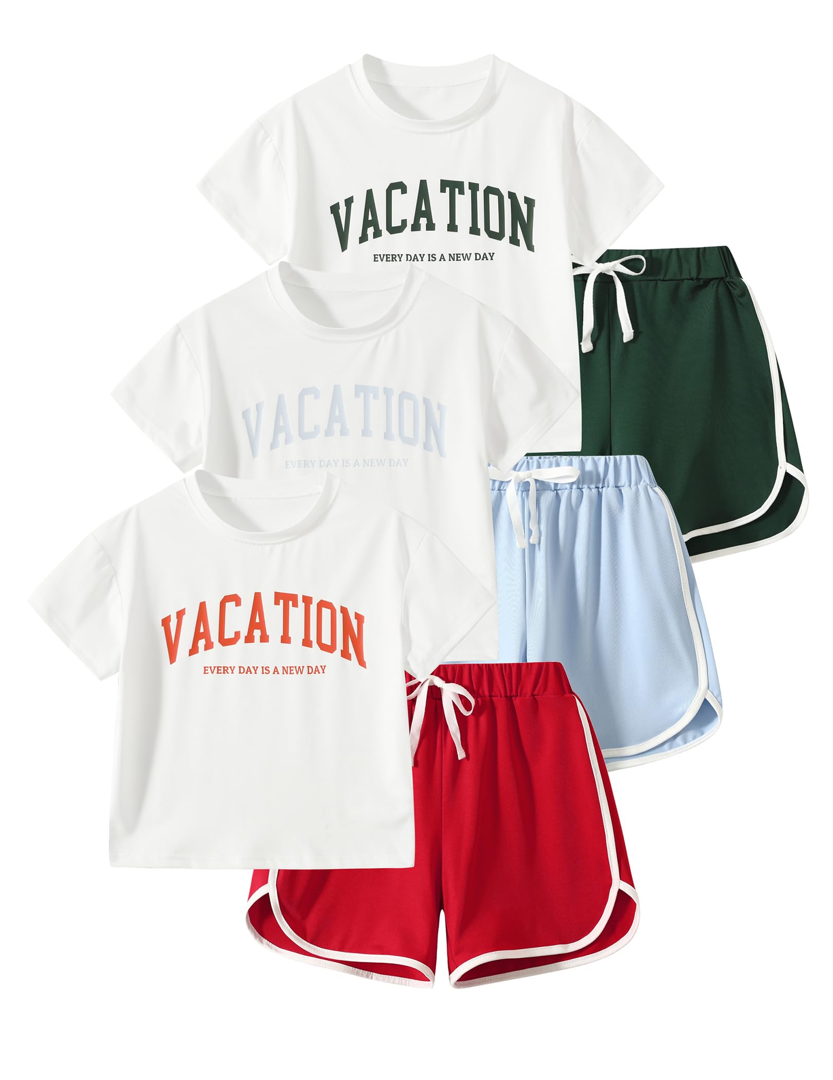 Girls 6 Piece Outfits Letter Print Vacation Tee Top and Dolphin Shorts Tracksuit Sets for Kids Sports, Casual, Dance