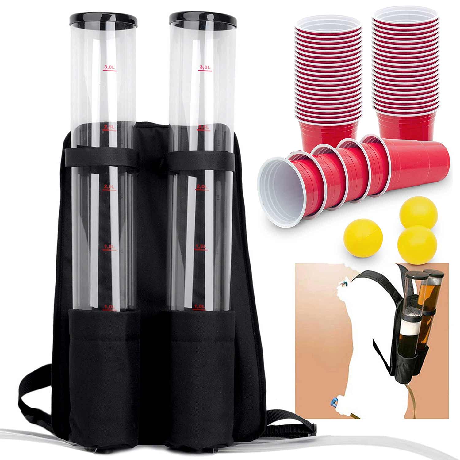 L'icône - Duo Sac à dos à bière Double sac à dos pour boissons 2 x 3 litres de capacité (sac à dos à bière 6 litres + 50 coupes)