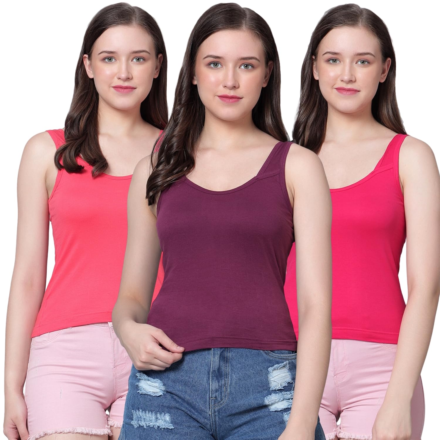 Women's Regular Fit Sleeveless Cotton Camisole Slip Spaghetti | Combo Pack of 3
