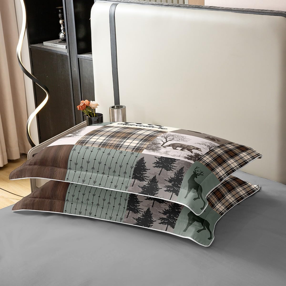 Lodge Cabin 100% Cotton Duvet Cover King Size Cartoon Bear Deer Wild Animal Bedding Set for Kids Teens Adults Retro Green Brown Plaid Rustic Farmhouse Comforter Cover with 2 Pillowcases(No Comforter) - Image 5