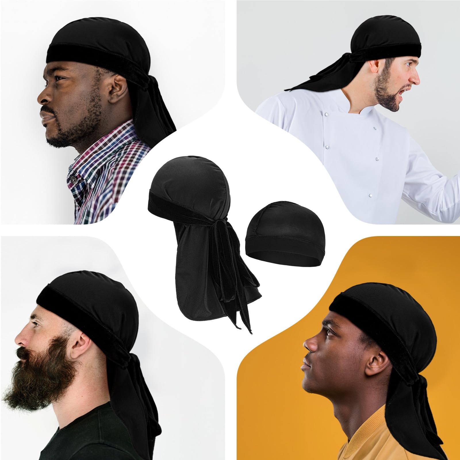 Aksamitny Durag dla mężczyzn z 1 czapką fali, miękka tkanina 360 fal doo, długie, podwójne, szerokie paski, jeden rozmiar pasuje do większości (czarny)