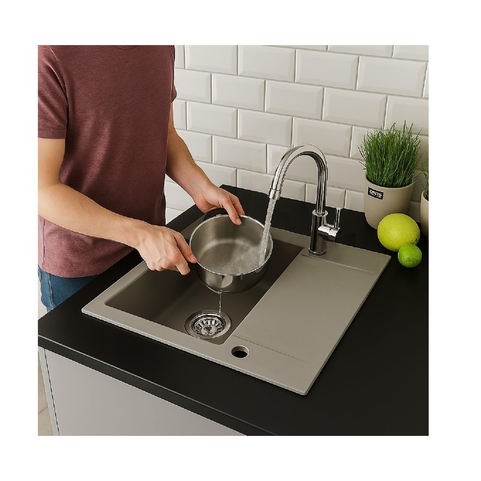 QLS Lavello granito 59x44 cm grigio con scolapiatti e sifone