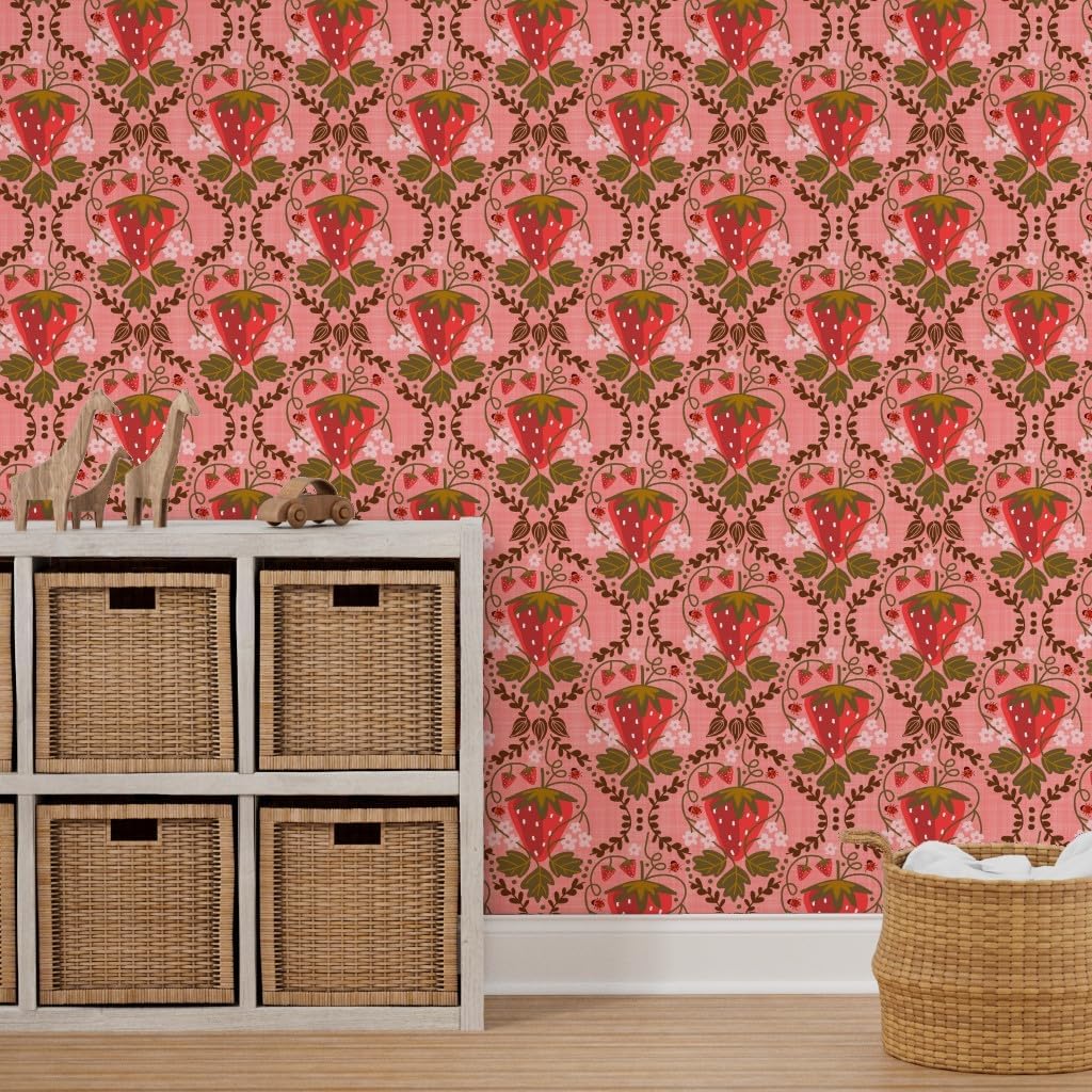 Peel & Stick Wallpaper 3ft x 2ft - Strawberry Damask Mustard Pink Floral Happy Sweet Custom Removable Wallpaper by Spoonflower