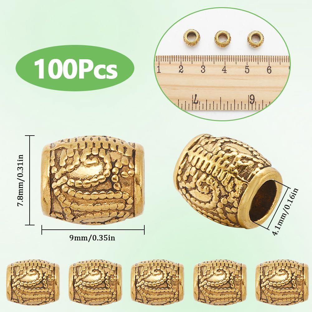 1 Box 100Pcs Large Hole Column Spacer Beads Gold European Bead Bulk Metal Alloy Antique Golden Tibetan Tube Rondelle Loose Charm Beads with Wavy Pattern for Bracelet DIY Jewelry Making Crafts - Image 2
