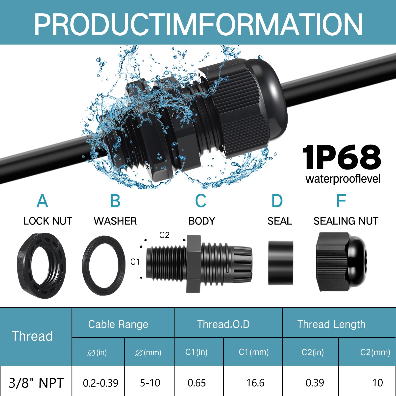 Relaxweex 50 prensaestopas de nailon negro NPT de 3/8 pulgadas, impermeables, IP68, diámetro del cable ajustable, conectores impermeables, agarre de cable negro