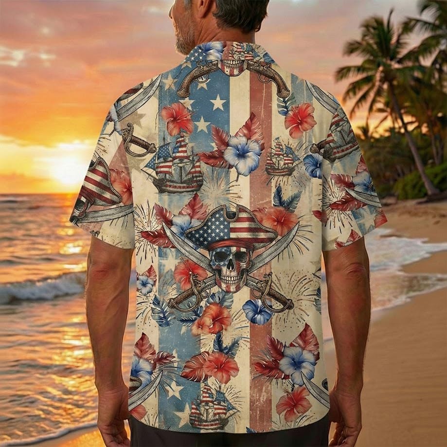Men’s Pirate Hawaiian Shirt, Funny Skull Crossbones Tropical Aloha, Retro Old Treasure Map & Sailing Ship Button Down