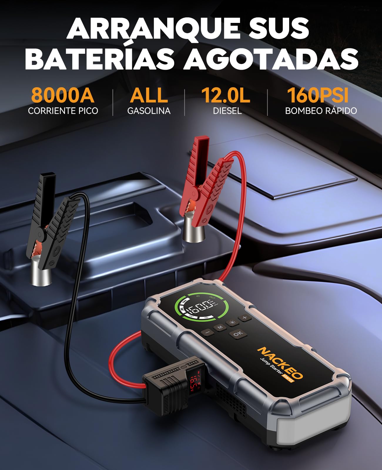 Arrancador de Baterias de Coche 8000A con Compresor, 160PSI Inflador de Neumáticos, Jump Starter 12V, Arrancador de Coches para Vehículo (Todo Gasolina o 12L Diésel), Pantalla LCD, Luz de Emergencia