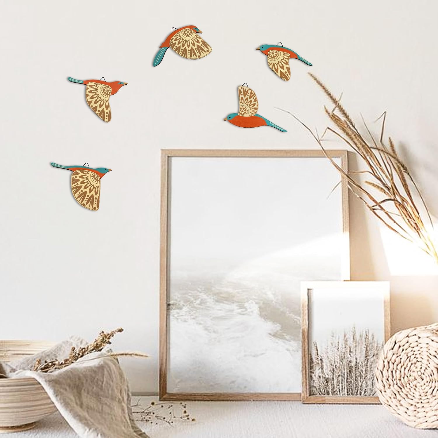Vumyhuby 5 Pcs Wooden Bird Wall Art Decor folk Birds Art Decor,Teal