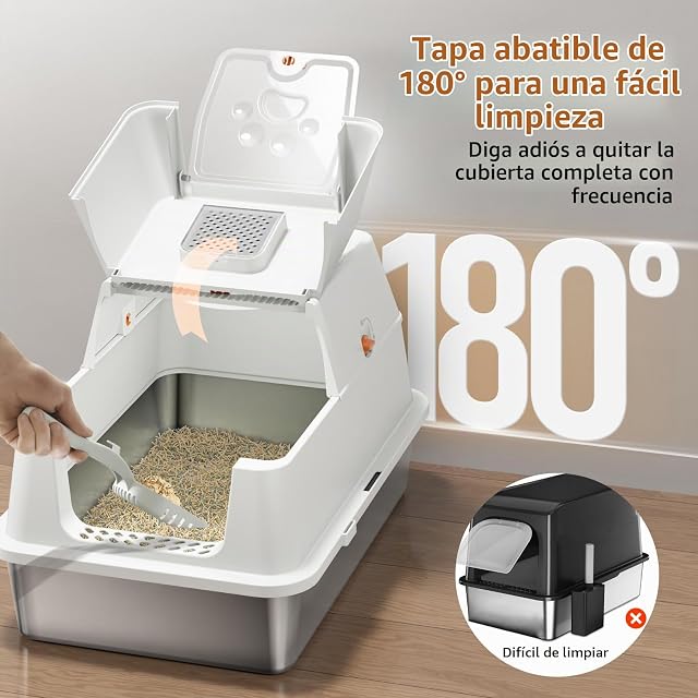 Foto 2 de 8 de Arenero Acero Inoxidable Gatos, Caja de Arena para Gatos con Tapa Abatible de 180°, fácil de Limpiar, 60 x 40…