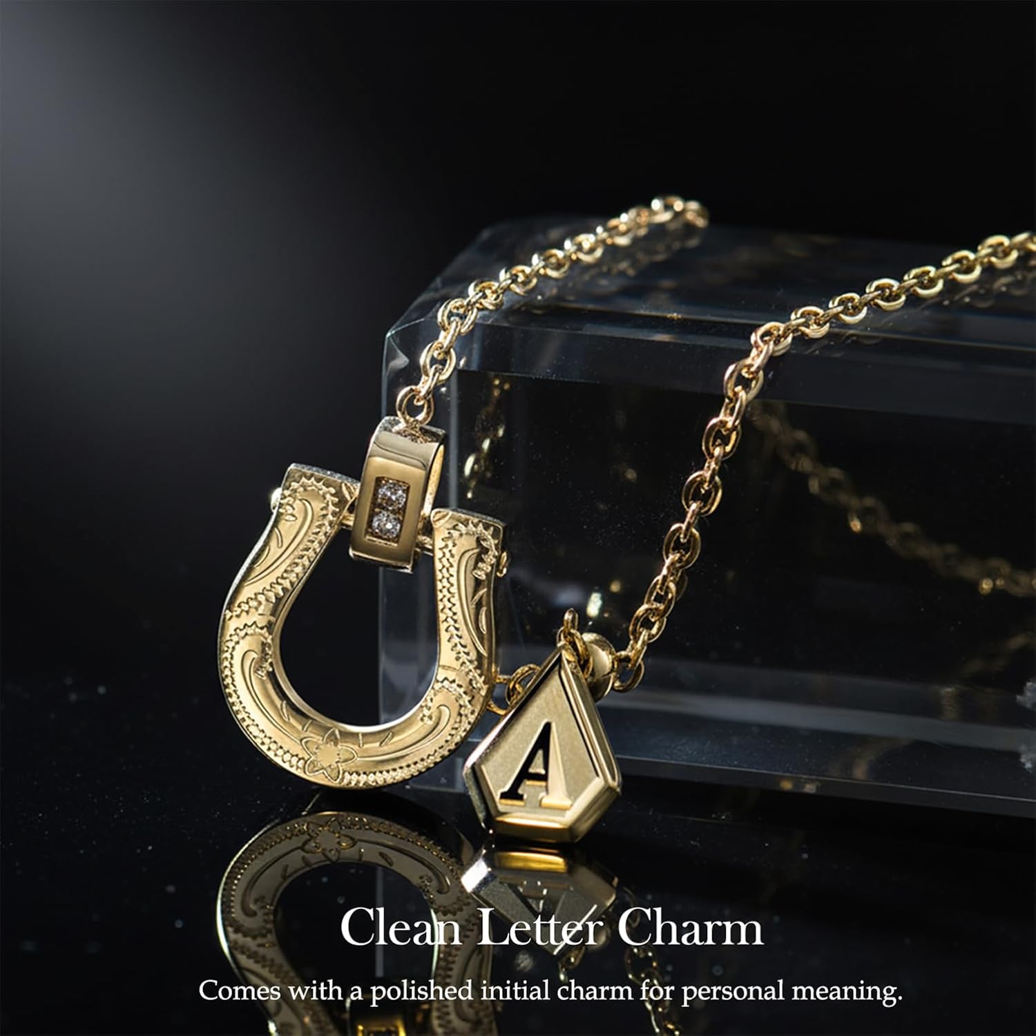 14K Gold Plated Letter Horseshoe Initial Necklace for Women with Clear CZ, Lucky Charm Horse Jewelry Gift