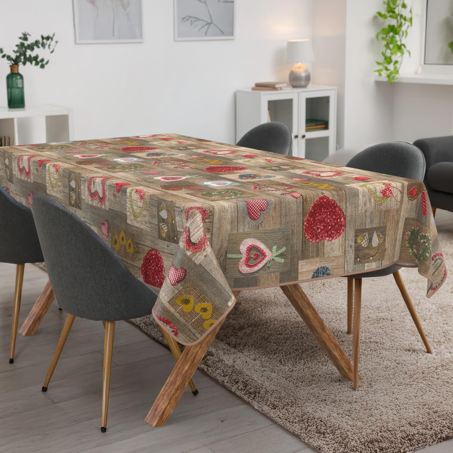 ANRO Tischdecke abwaschbar Herzen Rechteckig 260 x 140 cm – wasserabweisend Indoor Outdoor, Lotuseffekt, mit Saum