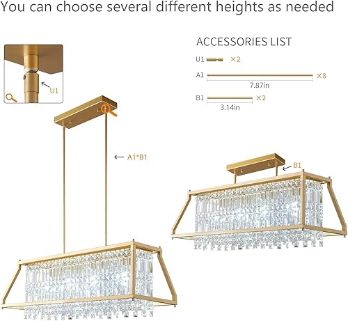 Miniatura 34 de LMQNINE Modernas lámparas colgantes doradas para isla de cocina, lámpara de araña de cristal, elegante iluminación colgante ajustable para comedor