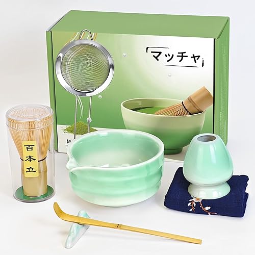 Juego de batidor de matcha, 7 piezas de batidor de cerámica matcha, cuenco con boquilla, soporte, tamiz inoxidable, cuchara de bambú y toalla de té,