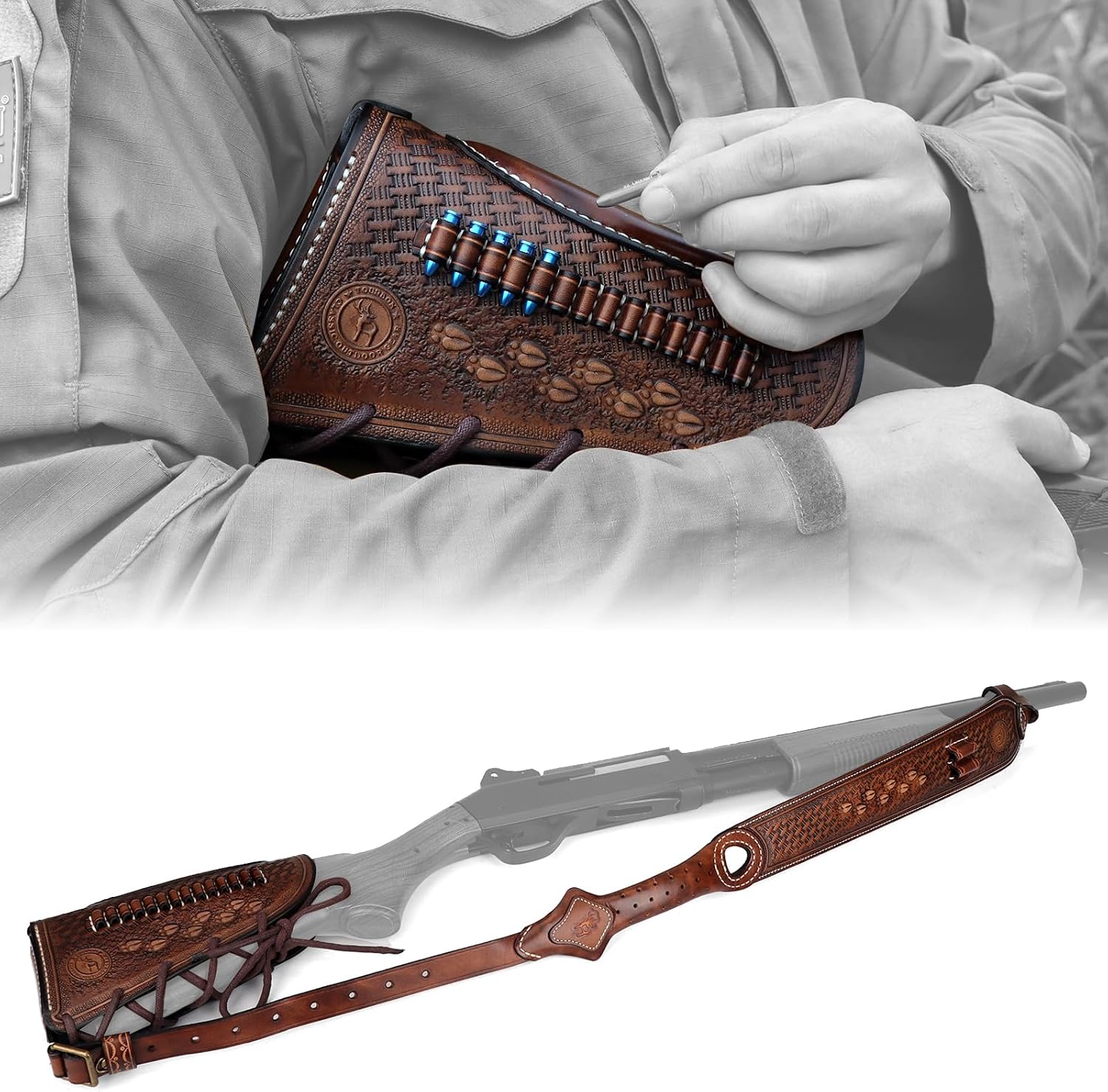 TOURBON Vintage Leather No Drill Cheek Rest Buttstock Protective Pouch, Hunting Shooting Recoil Pad with Rifle Shotgun Shell Ammo Holder