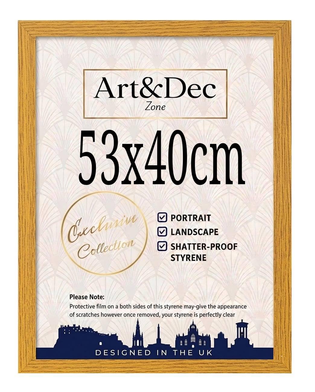 Art & Dec Zone® Sleek Oak MDF Picture Frame 53x40 cm Horizontal Durable MDF Poster Frame with Clear Acrylic Protection – Wall Display for Photos, Artwork & Prints