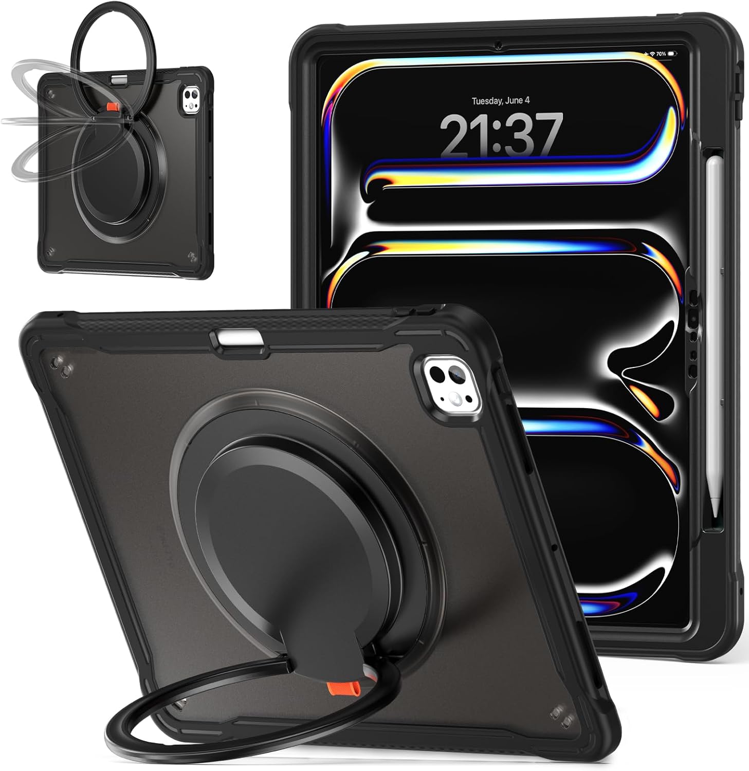 Batianda for iPad Pro 13 inch Case 2025 M5 2024 M4 Chip Lightweight Dual-Layer Protective Tablet Cover, Durable Shock-Absorbing Corners with 360° Rotating Kickstand Ring Built-in Pen Slot, All Black