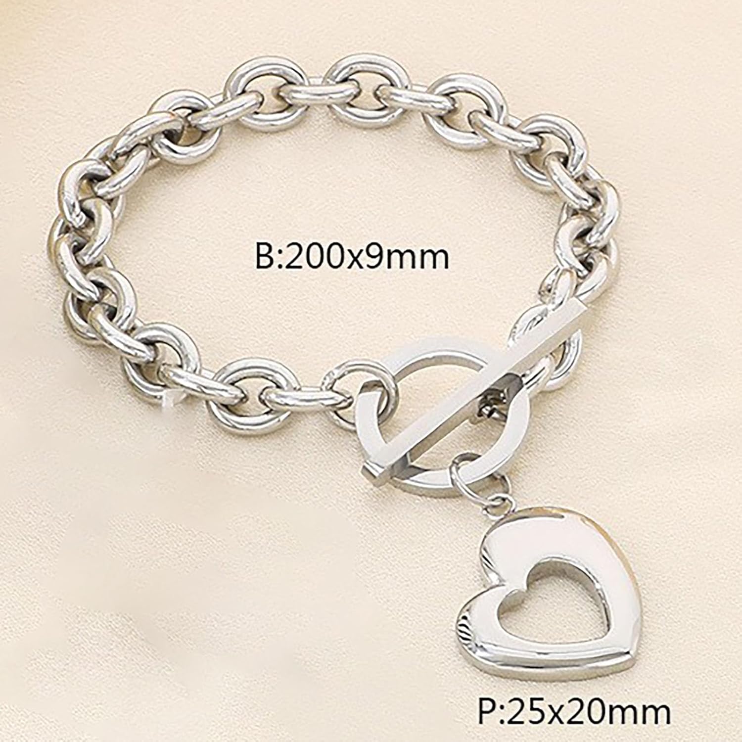 Heart Charm Bracelet for Women - Chunky Link Chain Bracelet with Love Pendant,7.5 Inch ,OT Toggle Clasp, Gold or Silver Plated Stainless Steel Trendy Jewelry Gift for Mom, Wife, friend on Birthday, Christmas, Valentine's Day, Birthday - Image 6