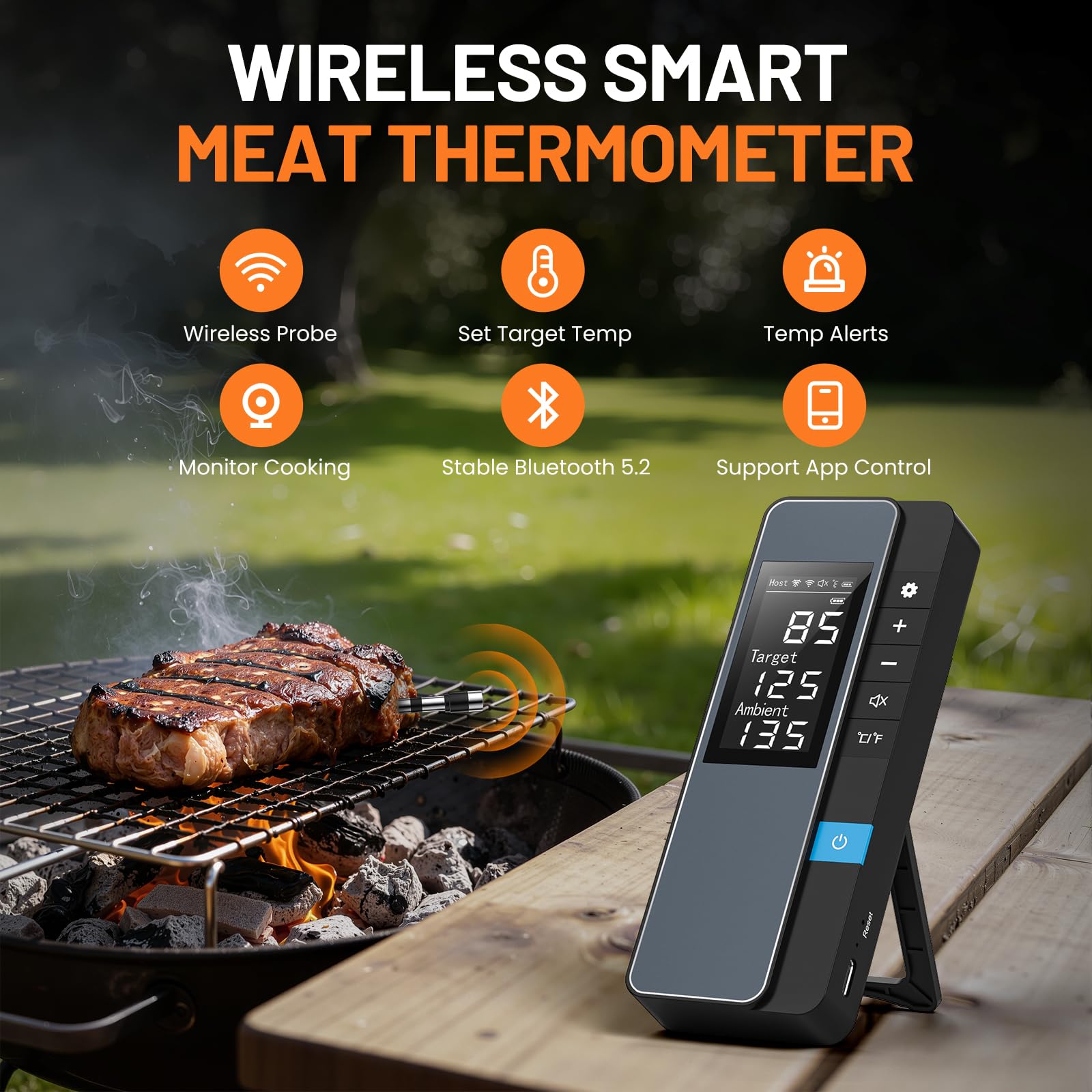 Termometro digitale intelligente Bluetooth wireless, controllo monitoraggio in tempo reale, con app intelligente, sonda per carne, impermeabile IP67, ad alta precisione, perfetto per barbecue, forno