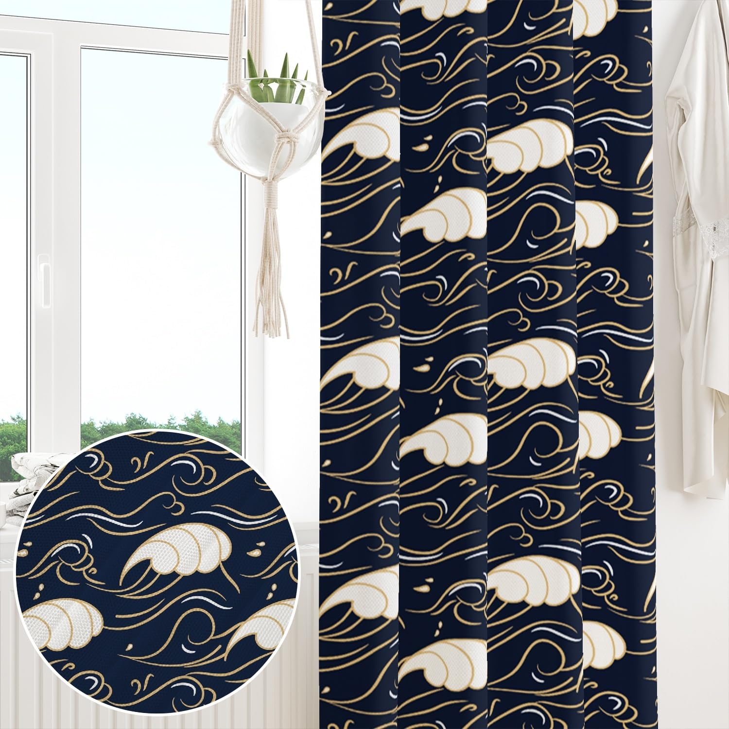 132x214cm Cortina Pliegues lápiz ondulados Estilo Marina Dibujos Cortinas con Bolsillo para Varilla Opacidad al 80% Trabilla Trasera Tratamientos Ventanas para Sala Estar Dormitorio,1 Panel