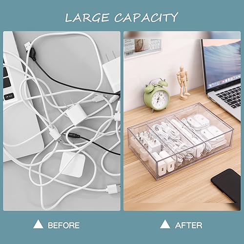 Miniatura 5 de Yesesion Paquete de 2 cajones organizadores de cables de plástico transparente con compartimentos ajustables y 40 bridas de alambre, accesorios de