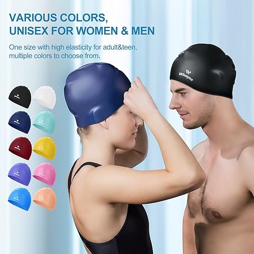 Miniatura 6 de Paquete de 2 gorros de natación de silicona para hombres y mujeres, unisex, para cabello cortolargo para mantener el cabello seco, gorros de baño