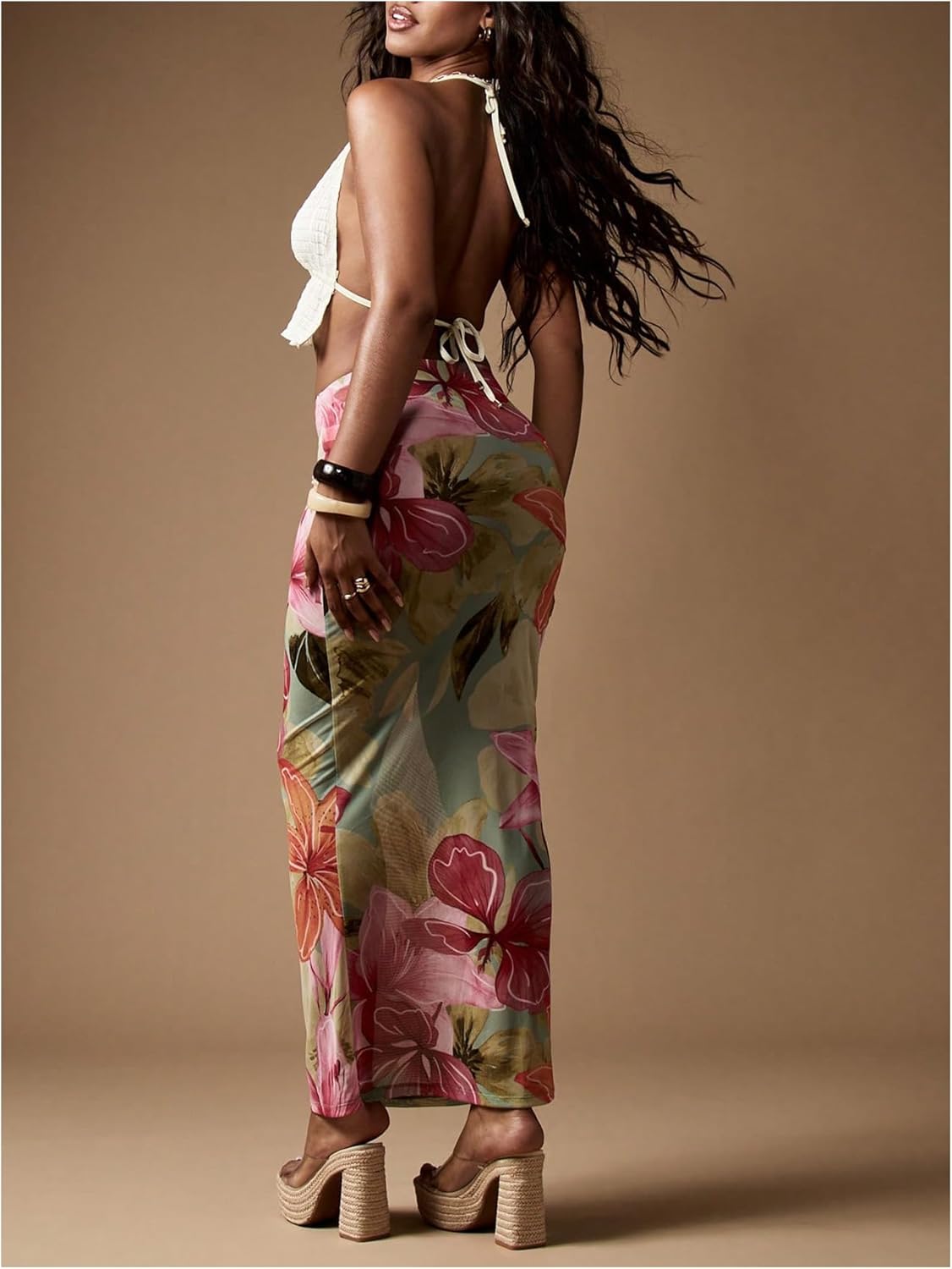 WDIRARA Women's Floral Maxi Beach Skirt Bodycon Long Cover Up Skirts Mesh See Through for Vacation - Image 3