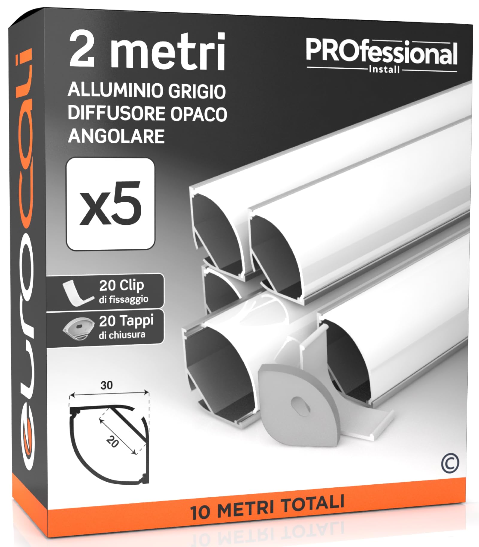 Eurocali 5x Profili Angolari da 2 metri (10mt) a Scomparsa in Alluminio per Strisce LED Copertura Opaca larghezza max striscia led 20mm - 30 x 30