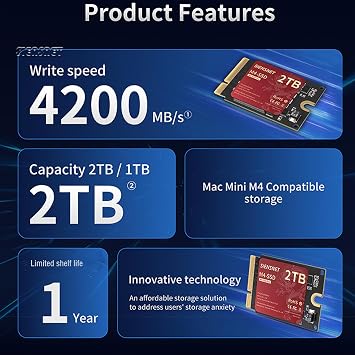 Mac Mini M4 SSD 2TB Upgrade Replacement Memory Hard Drive DIY Solid State Drives Only for Mac Mini M4 Not Available for Other Machines