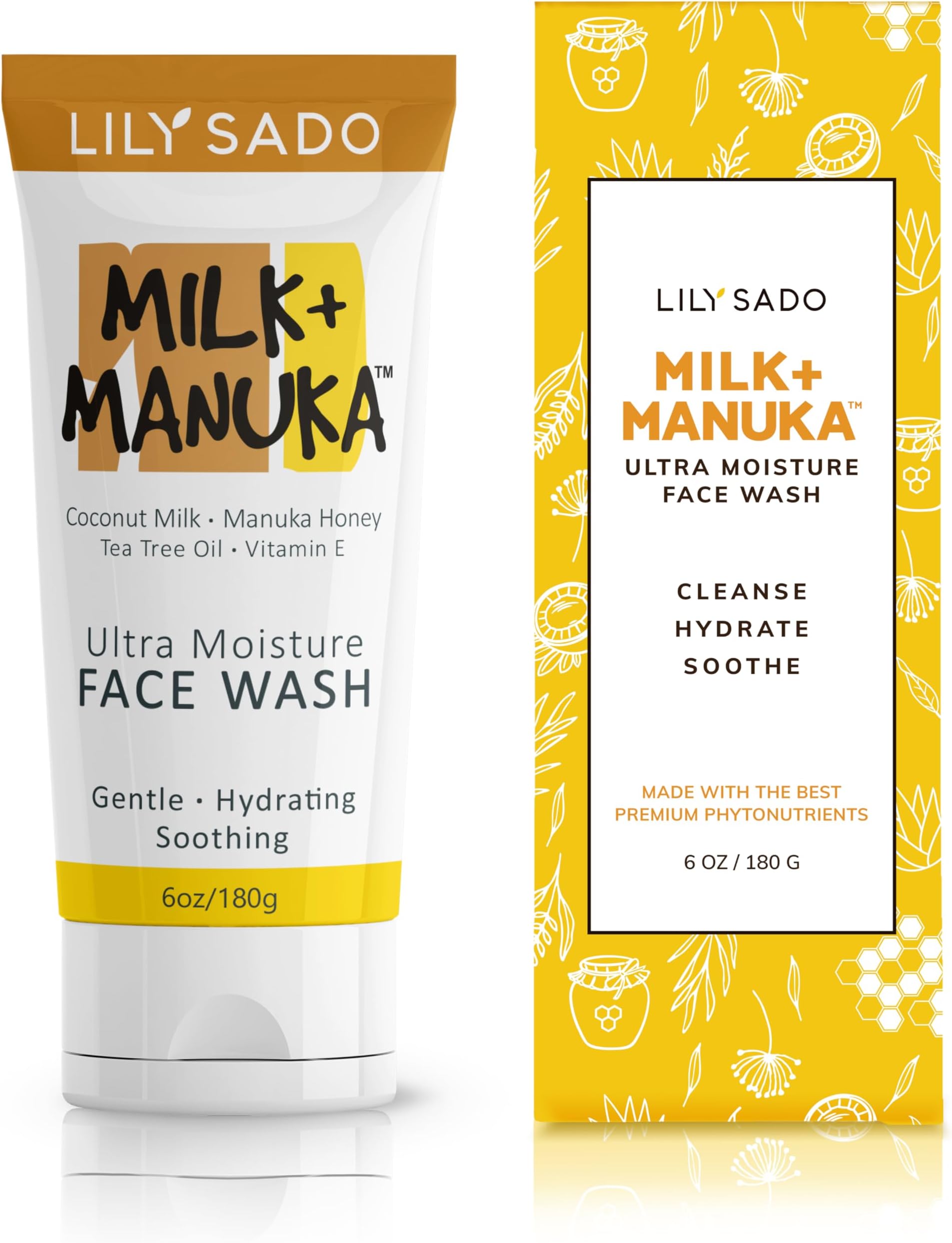 LILY SADO MILK+MANUKA™ Coconut Milk & Manuka Honey Cream Face Cleanser – Natural Ultra Moisturizing Facial Wash Cleanses, Balances, Soothes & Hydrates - Large 6oz