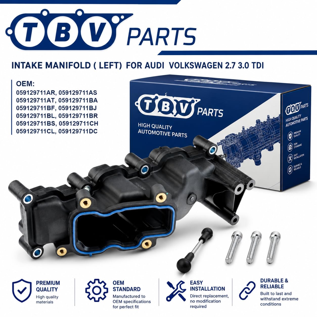 Collettore di Aspirazione Sinistro con Guarnizioni per 2.7 TDI e 3.0 TDI V6 Diesel | OEM 059129711AR 059129711AS 059129711AT 059129711BA 059129711BR 059129711CH