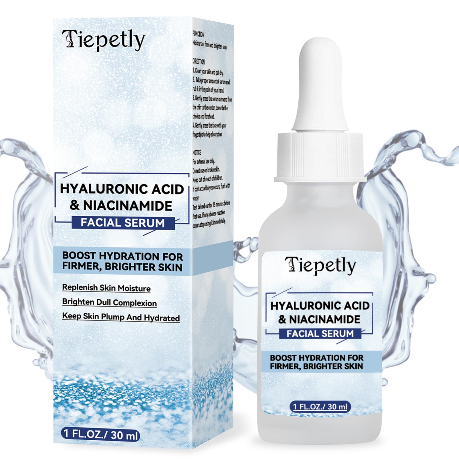 Acido Hialuronico Sérum Facial, Hidratante Sérum Facial con Glicerol, Niacinamida para Humectante, Antiarrugas, Antienvejecimiento, Sérum Niacinamida para Hombres y Mujeres, 30ml
