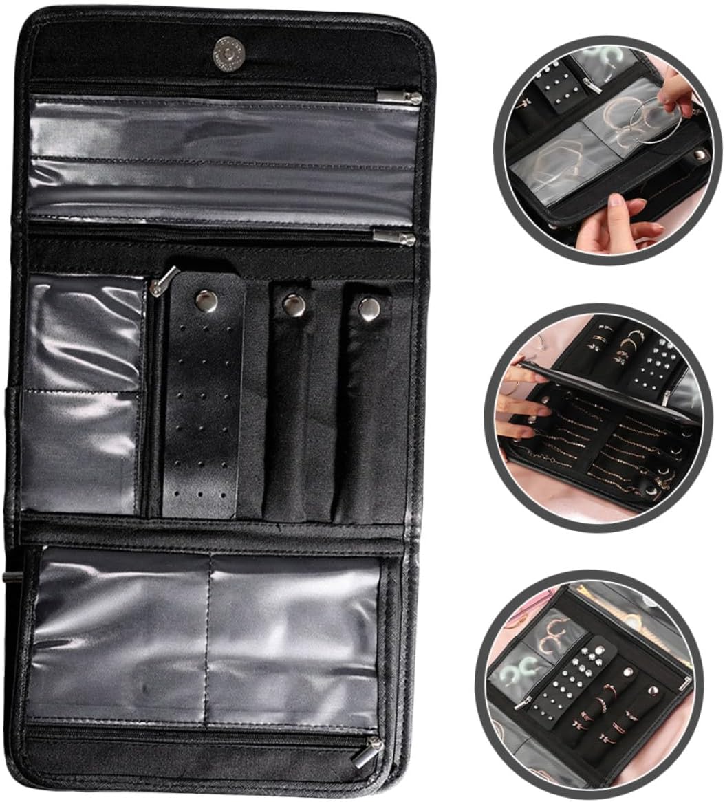 Foldable Travel Jewelry Organizer Case Small PU Jewelry Storage Roll Bag Pouch for Rings Earrings Necklaces Portable Travel Bag with Soft Interior and Scratch Protection