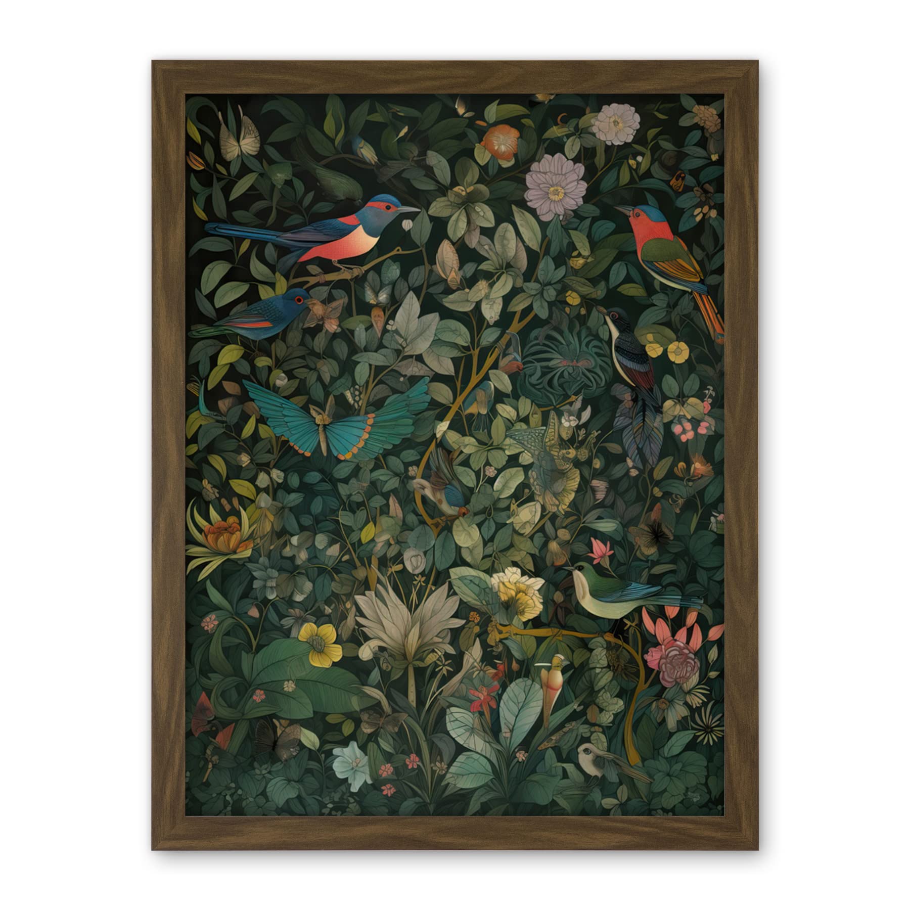 Artery8 Butterflies and Birds on Flowering Shrub Folk Art Artwork Framed Wall Art Print 18X24 Inch