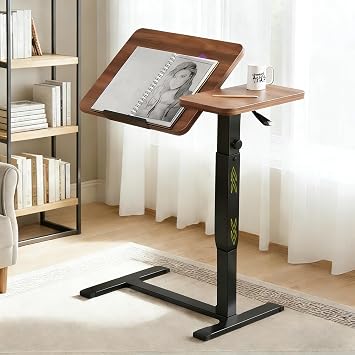 Rolling Overbed Table with Hidden Wheels, Rolling Desk Adjustable Height with Tilting Desktop, Mobile Bedside Desk for Living Room & Home Office, Solid Wood and Metal