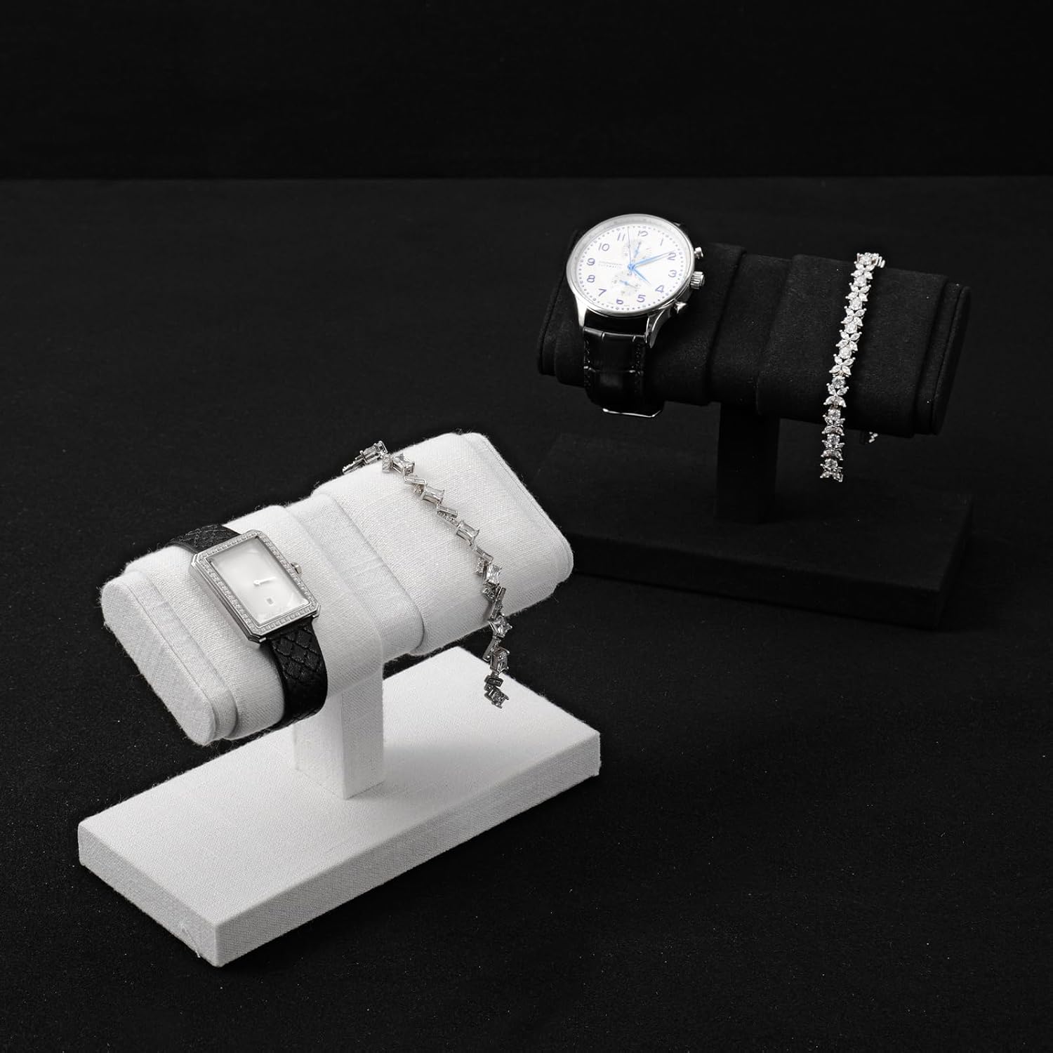 Double Watch Stand Display - Luxury Watch Holder with Soft Microfiber Lining for Jewelry Store, Home Decor & Travel | Compact 6x3x4.3in(Black)