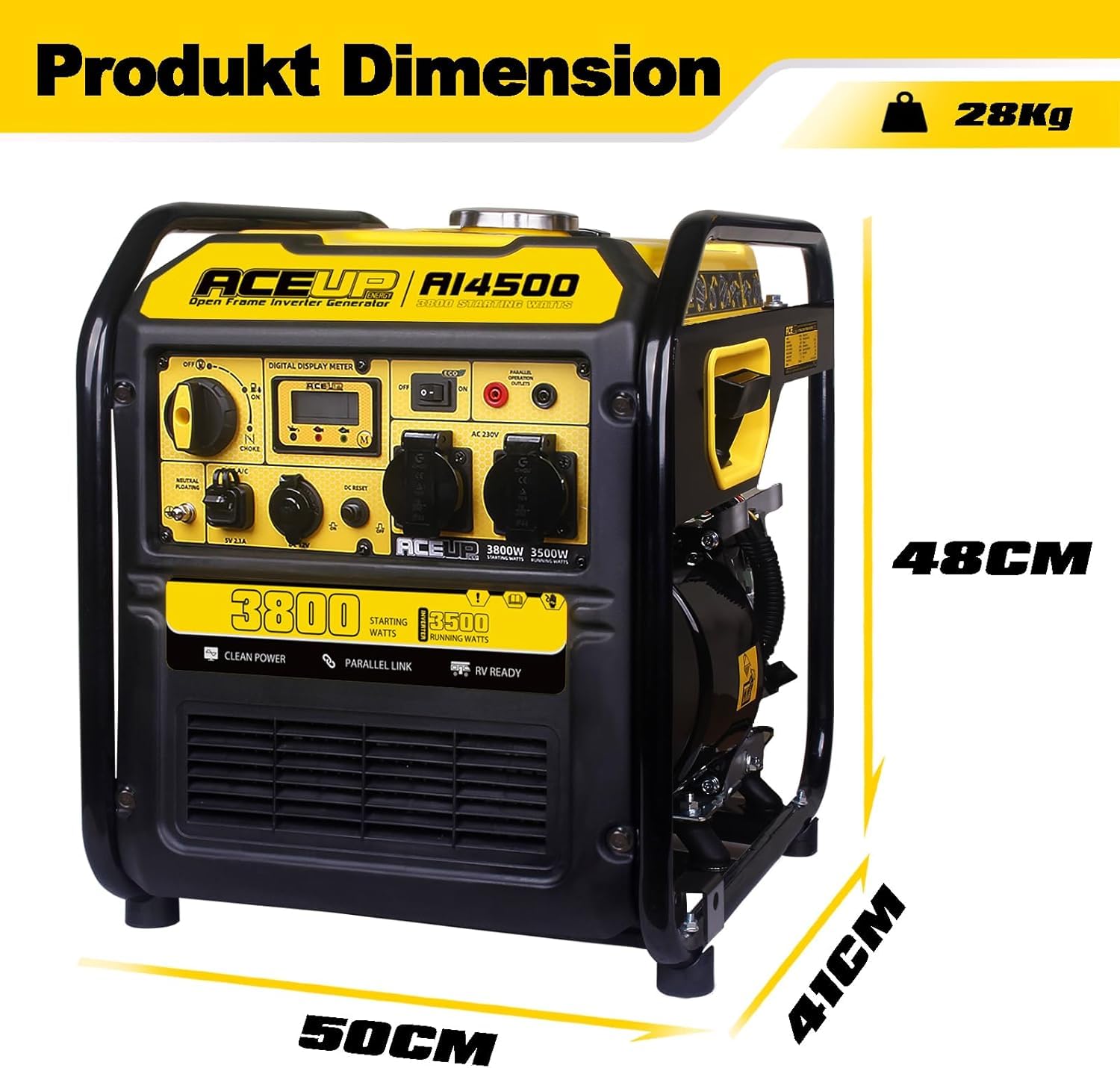 Aceup Energy Inwerterowy Agregat Prądotwórczy 3800W – Czysta Sinusoida, Silnik 4-Suwowy OHV, Wyświetlacz LCD, Tryb Eco, Generator Prądu na Benzynę do Domu, na Budowę i Kemping