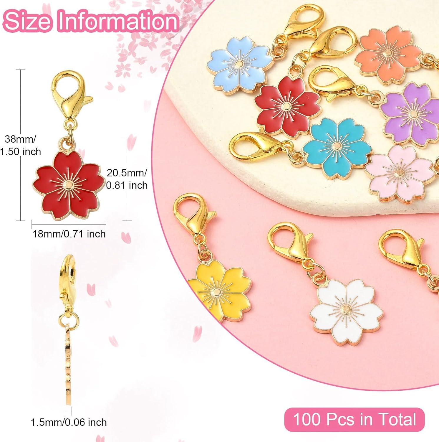 Ipotkitt 100 Pcs Alloy Enamel Flower Stitch Markers Spring Charms with Lobster Clasps Colorful Cherry Blossom Clip on Charms for Weaving Sewing Jewelry Making