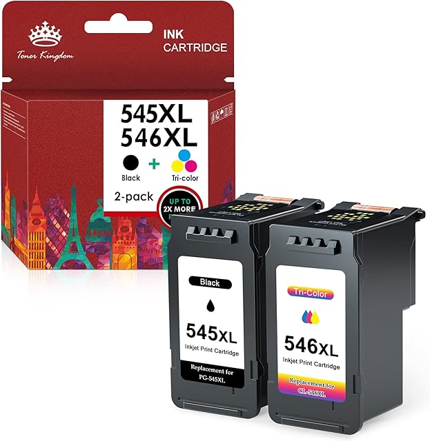 Toner Kingdom Compatible PG-545XL CL-546XL Replacement for Canon 545 546 XL Ink Cartridges for Canon Pixma TS3150 MG2550S MG3050 TR4550 TS3350 MG2950 MG2450 TS3151 TR4551 MX495 (1 Black 1 Tri-color)
