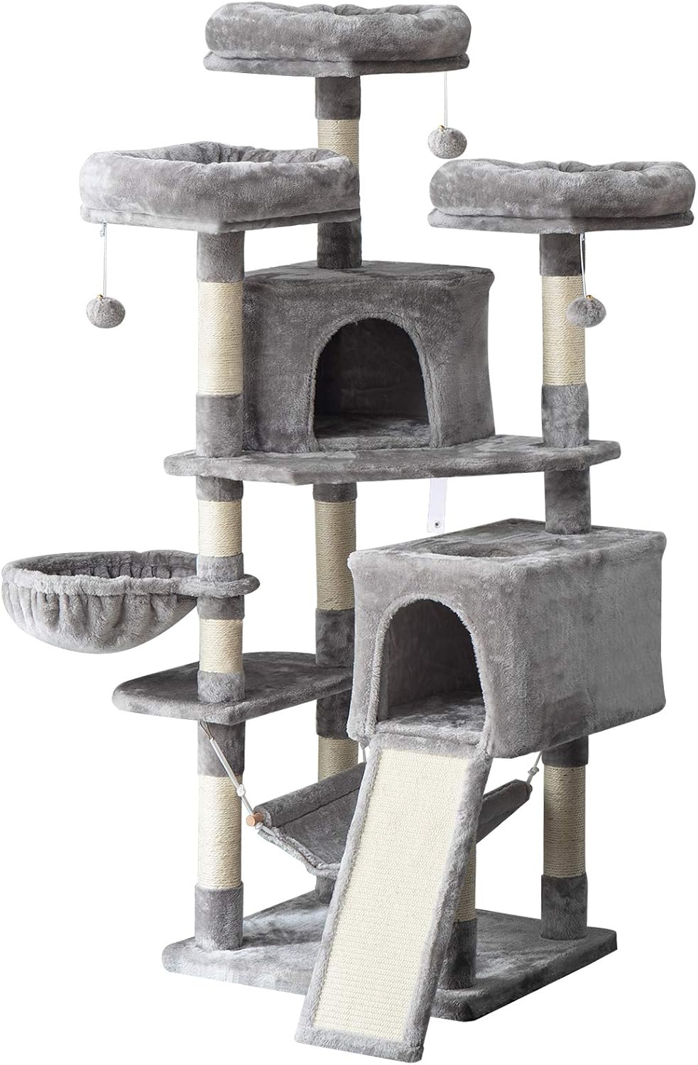 IBUYKE Cat Tree, Large Cat Tower, Cat Condo with Scratching Posts, Cat Hammock, Board, 2 Caves, 3 Plush Perches, Light Grey UCT021W