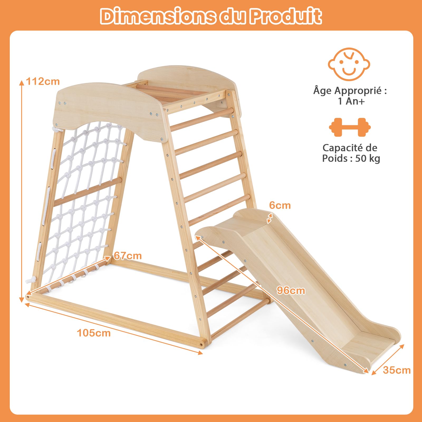 GOPLUS 4 en 1 Triangle d’Escalade Montessori, Triangle Escalade avec Toboggan et Filet d’Escalade Aire de Jeux Montesorri, Charge 50KG pour Enfants 1 an+ (Naturel)