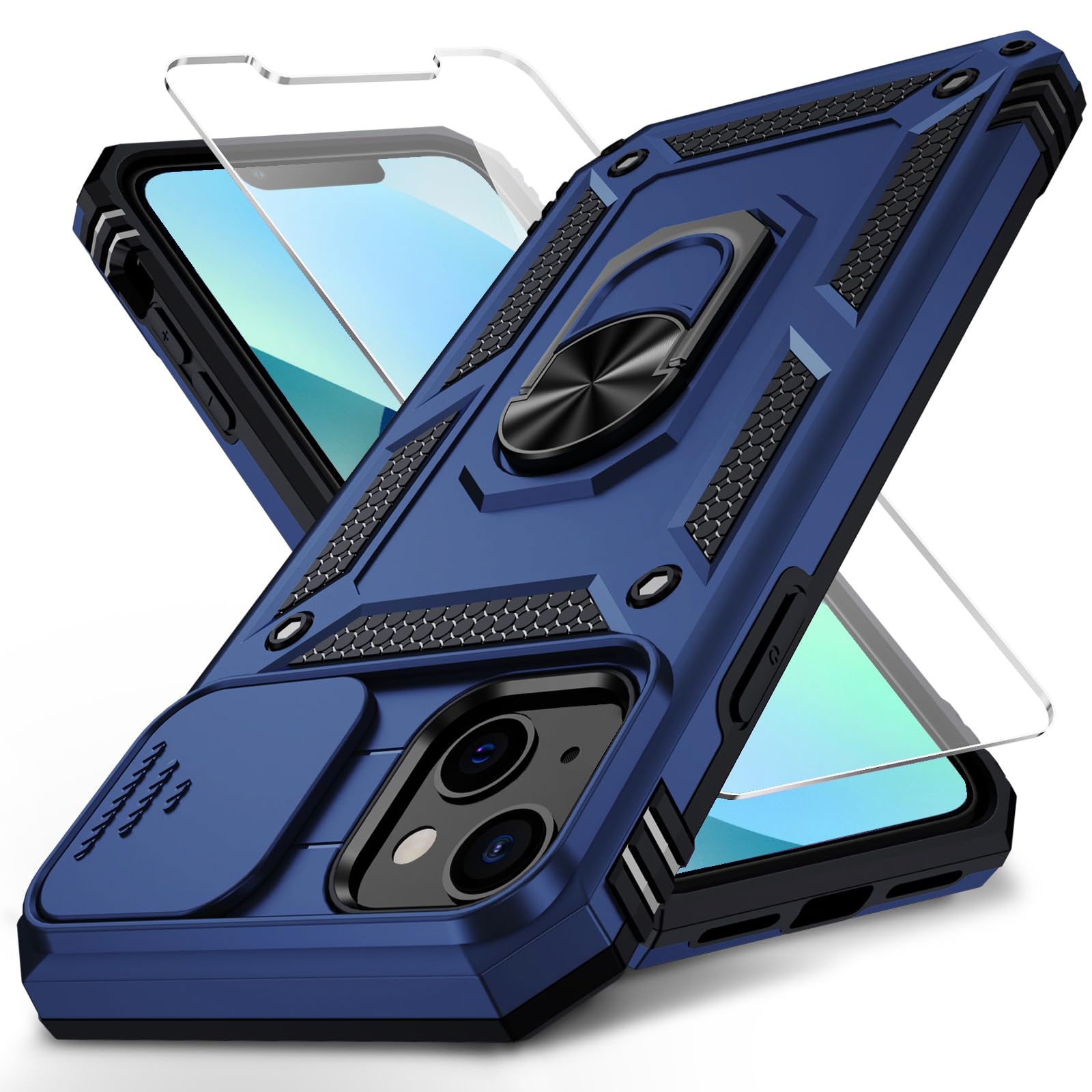 Weycolor for iPhone 13 Mini Case with Slide Camera Cover HD Screen Protector Heavy Duty Military Grade Shockproof Magnetic Ring Holder Kickstand Phone