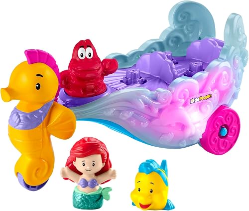 Fisher-Price Little People Podmorski powóz Arielki Światła i dźwięki – Zestaw dla małych dzieci z księżniczką Disneya Arielką, figurką Florka i pojazdem, HMX83