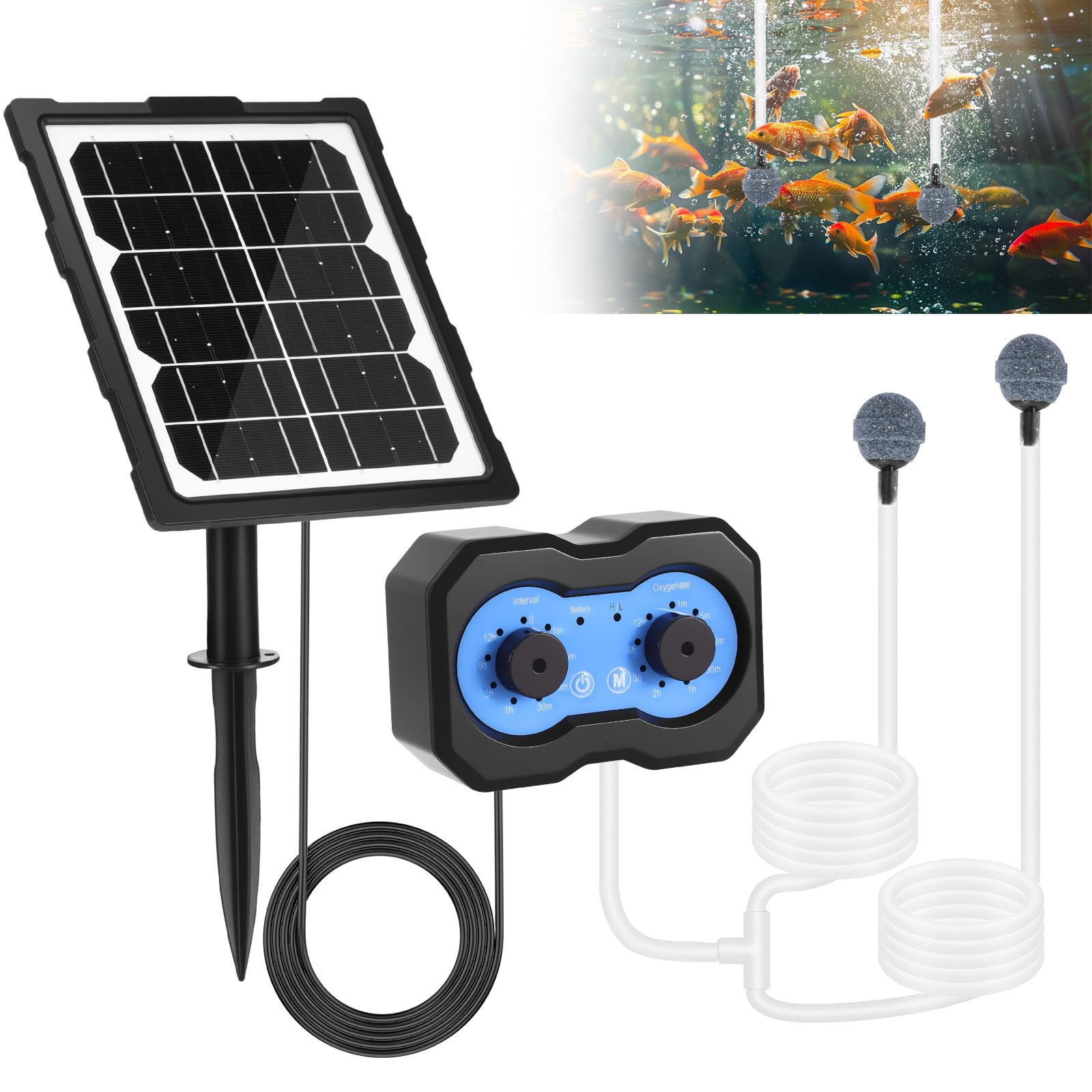 Pompe à oxygène solaire - 3 W - 2 modes de travail - Pompe à oxygène solaire programmée avec batterie de 2200 mAh - Silencieux et réglable - Pompe à air d'aquarium - Pompe à oxygène pour étang, jardin