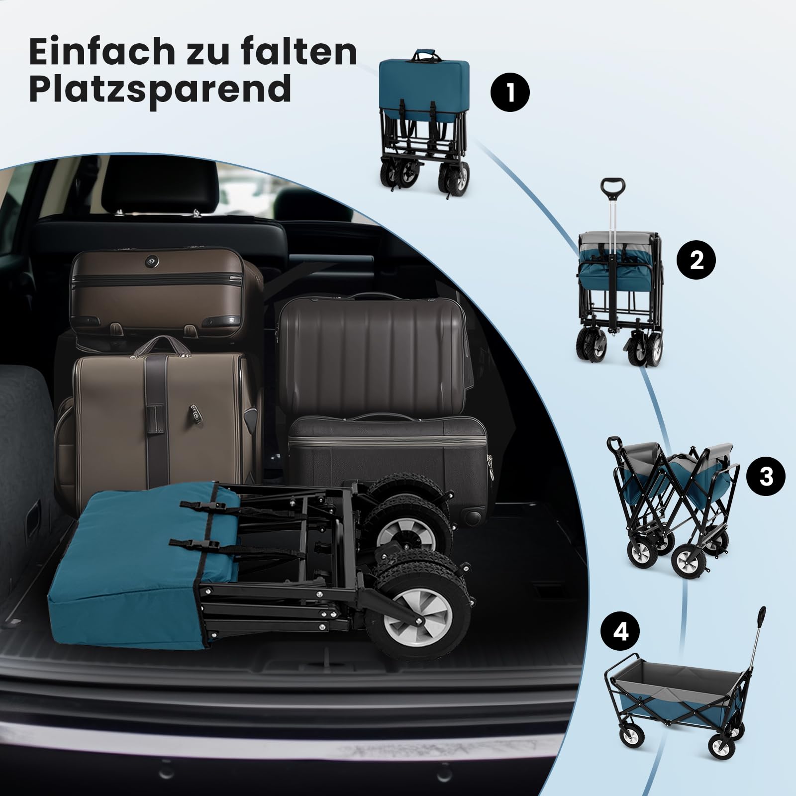 EUGAD Bollerwagen faltbar klappbar Transportkarre Handwagen mit 4 Rollen für Camping Einkaufen belastbar bis 80kg, Blau