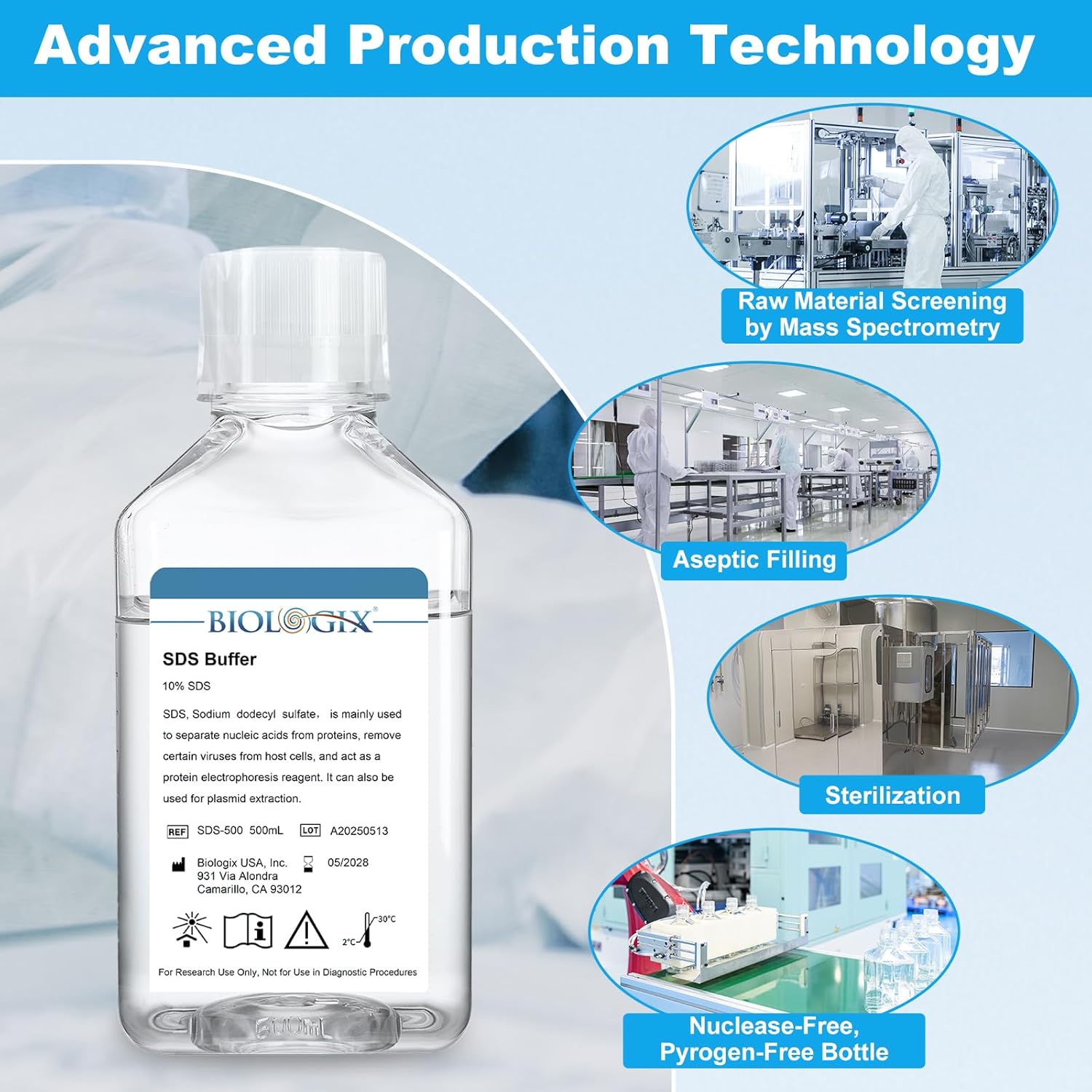 Lab SDS Buffer, Lab 10% Sodium Dodecyl Sulfate Buffers, 500ml/Bottle, 2 Bottles/Case