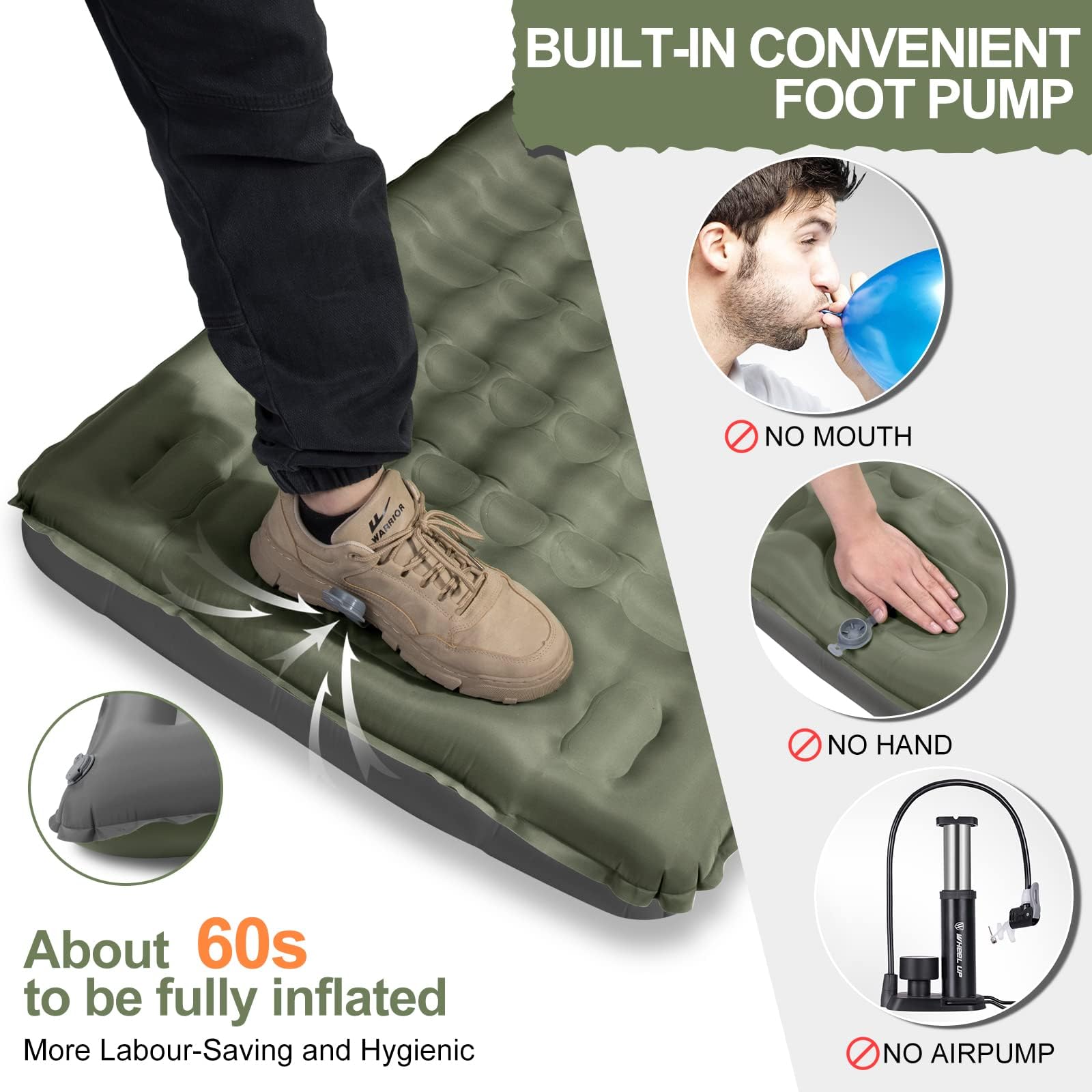 WARMTUYO Isomatte Camping, 12CM Verdicktes Aufblasbare Matratze Kleines Packmaß, Wasserdicht Luftmatratze Outdoor mit Fußpressepumpe und Kissen, Anti-Ripstop Schlafmatte für Wandern und Strand