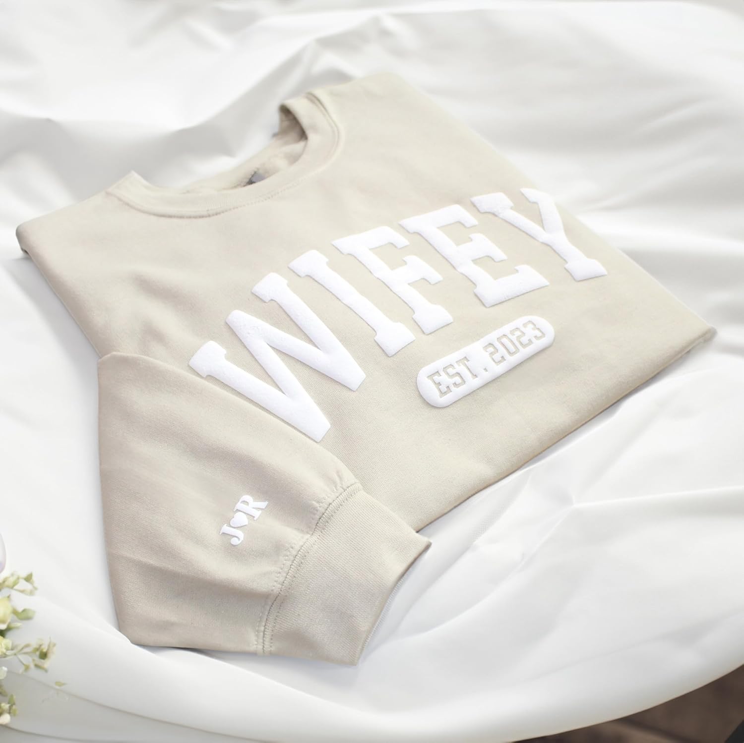 WEAR PHYSIQUE Embossed Custom Wifey Sweatshirt, Personalized Crewneck Engagement Gift for Bride, New Wife Sweater - Image 8