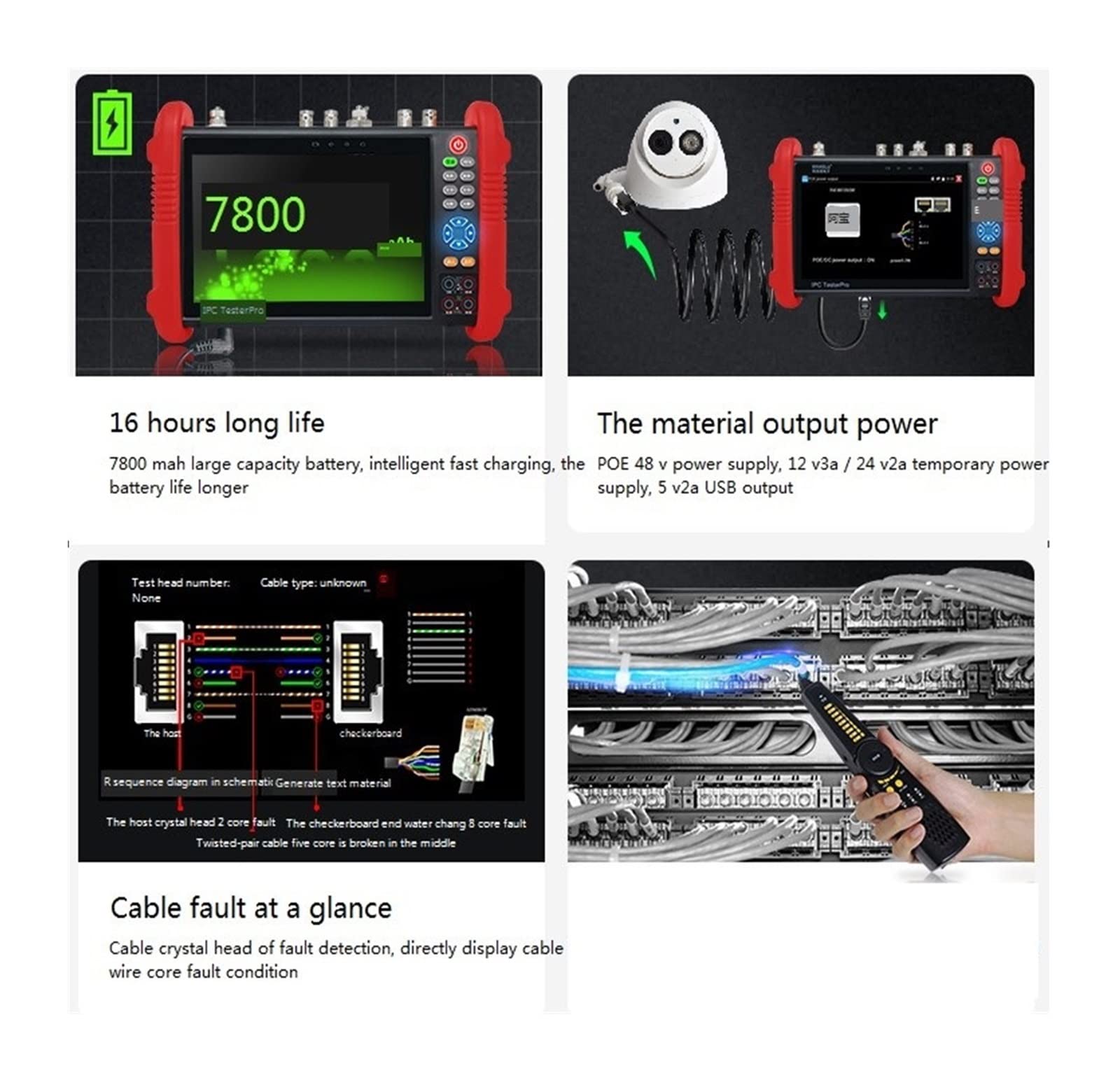 7-Zoll-4K-CCTV-Monitortester, Unterstützung for H.265, 4K-Hauptstromtest, 1200-W-Kameratest, LCD-Monitor-Analog-Video-Testkabeltest 12-V-Ausgangsleistung
