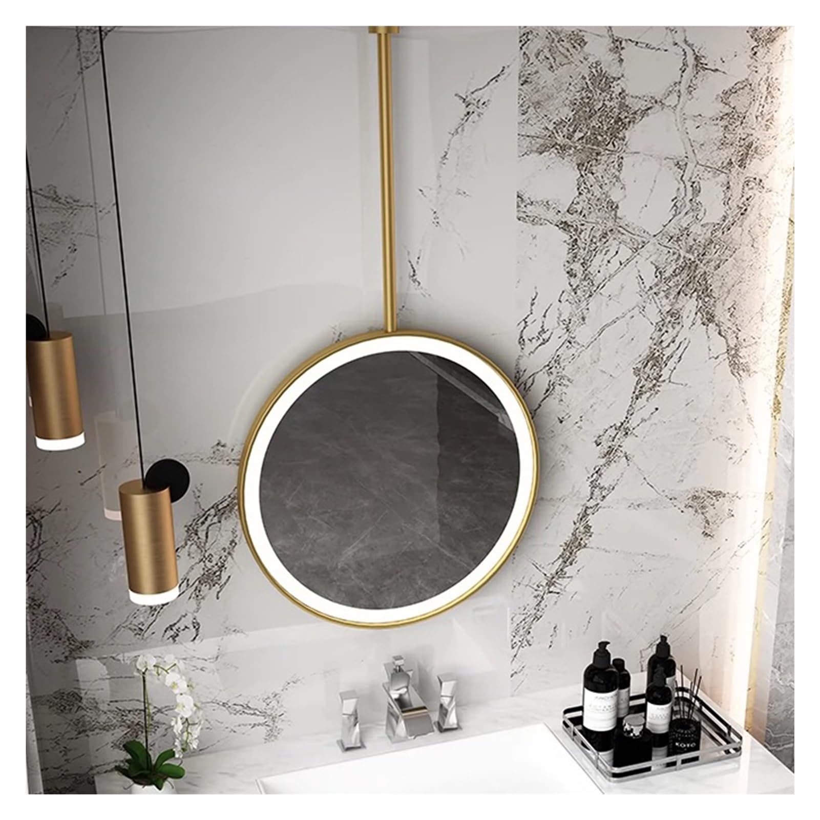 Miroir suspendu au plafond maquillage rond équipé d'un cadre décoratif en fer éclairé